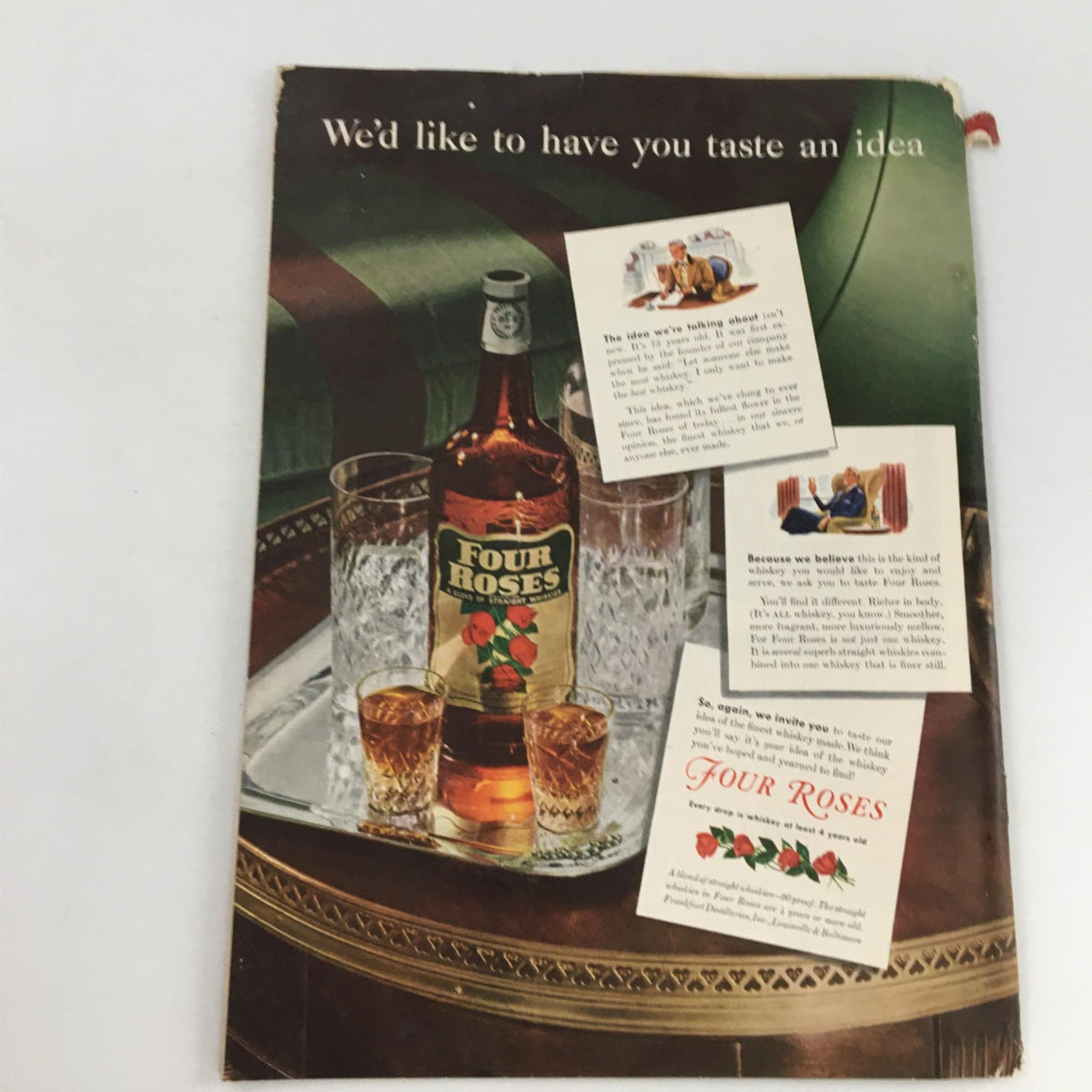 Vintage advertisement featuring Four Roses whiskey, showcasing a bottle and glasses with a compelling background, from Newsweek Magazine February 12, 1940.