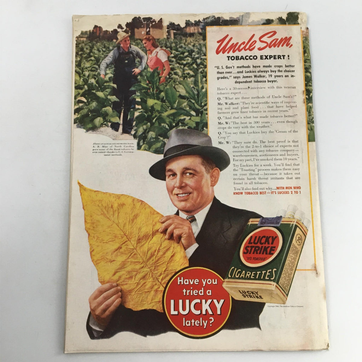 Cover of Newsweek Magazine from February 26, 1940 titled 'Will Outcome in Finland Change Tommie's Tune', featuring an advertisement for Lucky Strike cigarettes with Uncle Sam holding a tobacco leaf.