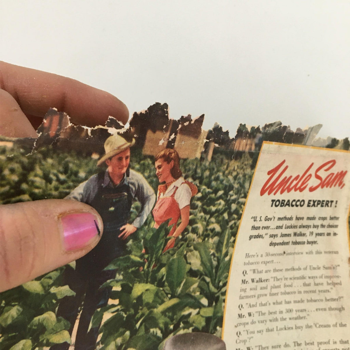 Close-up of the damaged cover of Newsweek Magazine dated February 26, 1940, showing Uncle Sam and two figures in a tobacco field, and highlighting an advertisement for Lucky Strike cigarettes.