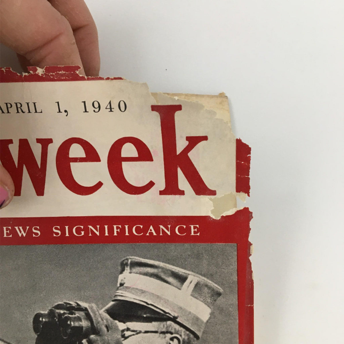 Close-up of the top portion of the Newsweek Magazine cover from April 1, 1940 showing the title 'Newsweek' and the subtitle 'The Magazine of News Significance'.