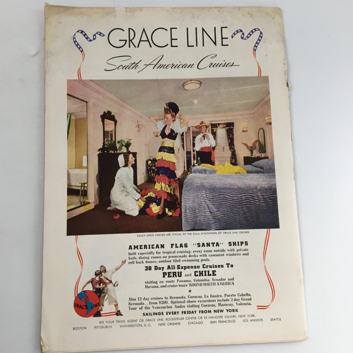 Cover of Grace Line South American Cruises advertisement showcasing a colorful theme with a woman in vibrant costume and staff in a cruise cabin, highlighting travel to Peru and Chile.