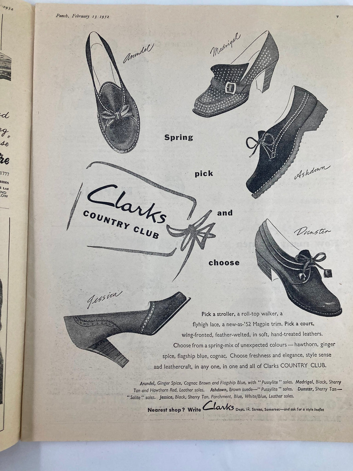 Interior page of VTG Punch Magazine February 13 1952 Vol 222 #5808 featuring a vintage advertisement for Clarks shoes with various footwear designs and stylized text.