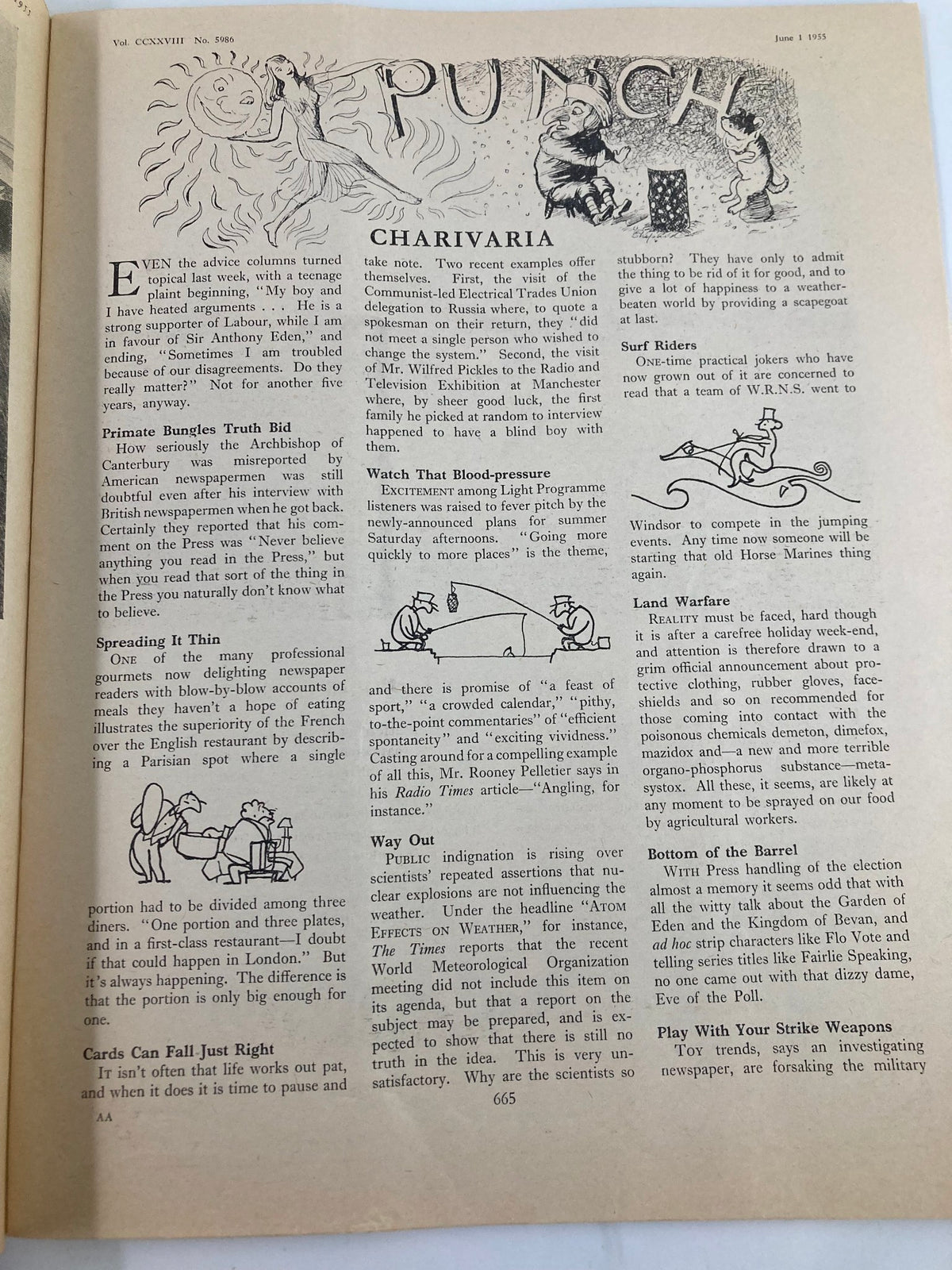 Interior page of VTG Punch Magazine June 1 1955 Vol 228 #5986 showcasing humorous cartoons and articles from the post-WWII era, capturing the creative spirit of the time.