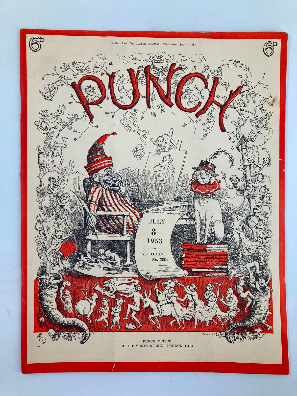 Cover of VTG Punch Magazine July 8 1953, featuring a whimsical illustration with cartoons, including a clown and playful characters, reflecting post-World War II humor.