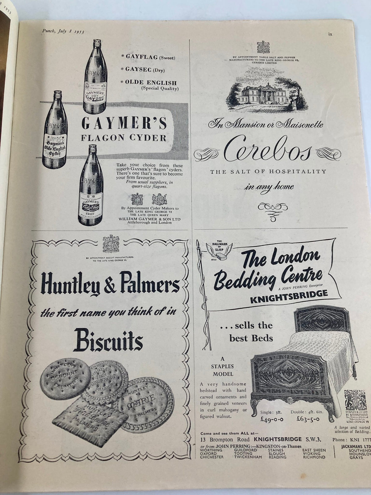 Interior page of VTG Punch Magazine July 8 1953 showcasing vintage advertisements for products such as cider and biscuits, highlighting 1950s marketing aesthetics.
