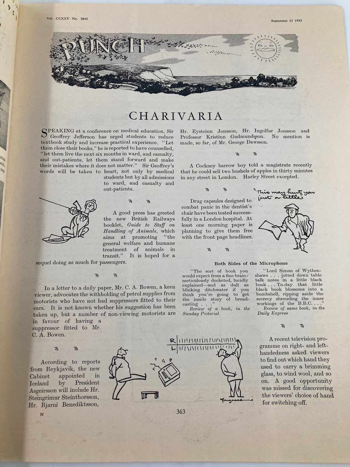 Interior page of VTG Punch Magazine September 23, 1953 Vol 225 #5895 presenting the 'Charivaria' section with cartoonist illustrations and satire.