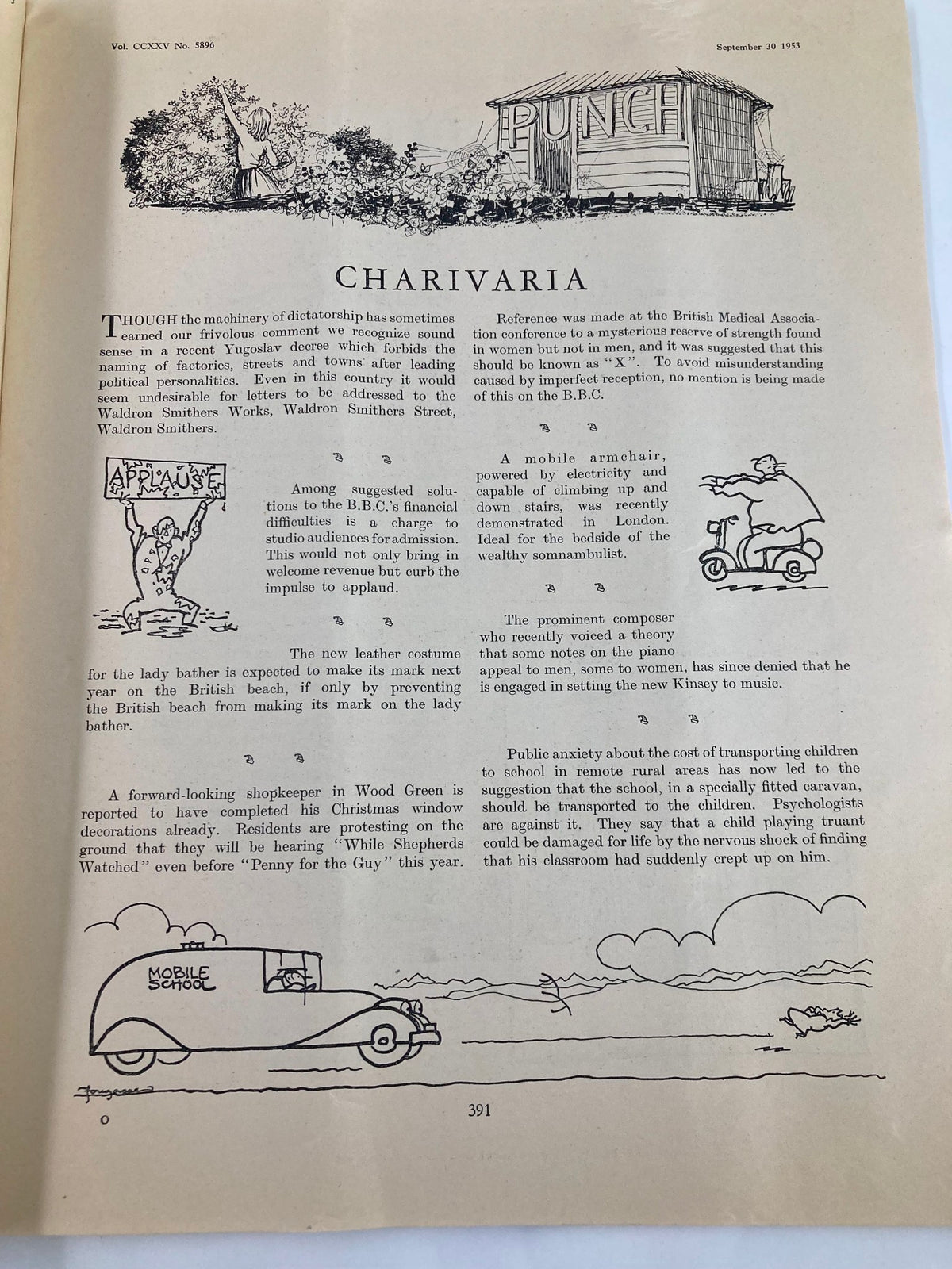 Interior page from VTG Punch Magazine September 30 1953 Volume 225 Issue #5896, featuring vintage humor articles and amusing illustrations from the era.
