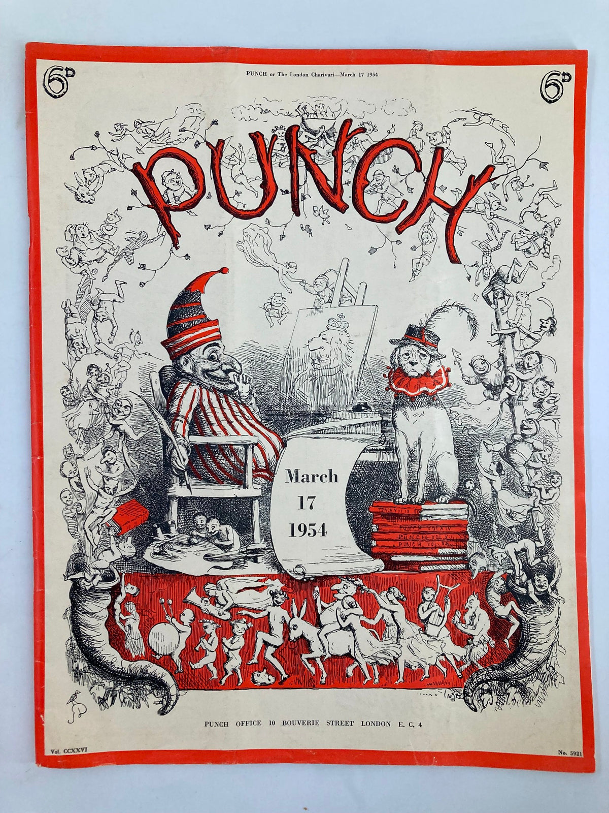 Cover of VTG Punch Magazine from March 17, 1954, featuring humorous illustrations and cartoons, showcasing a whimsical connection between characters and events from the era, ideal for collectors of vintage WWII humor.