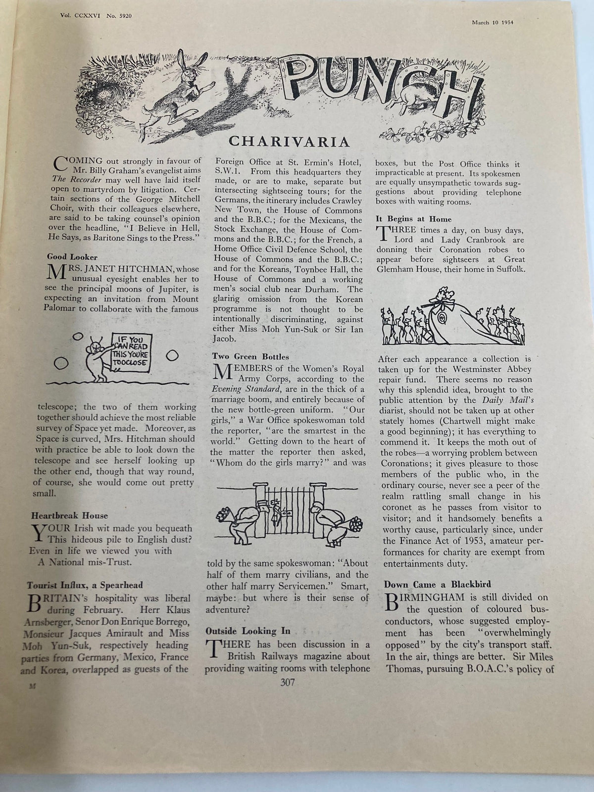 Page from VTG Punch Magazine March 10 1954, showcasing humor and cartoons in Volume 226, Issue #5920, featuring various satirical illustrations and commentary relevant to the era.