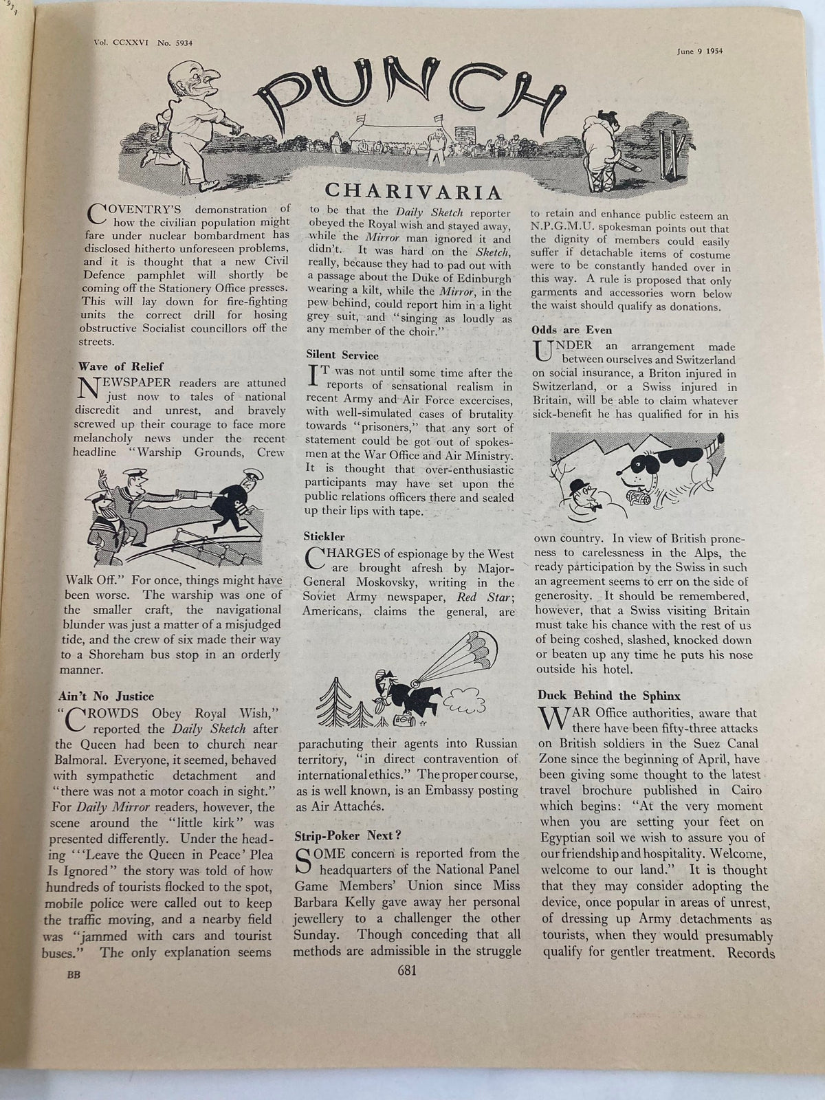 Interior page of VTG Punch Magazine June 9 1954, Volume 226 Issue #5934, featuring humorous articles and illustrations that reflect the comedic style of mid-20th century satire.