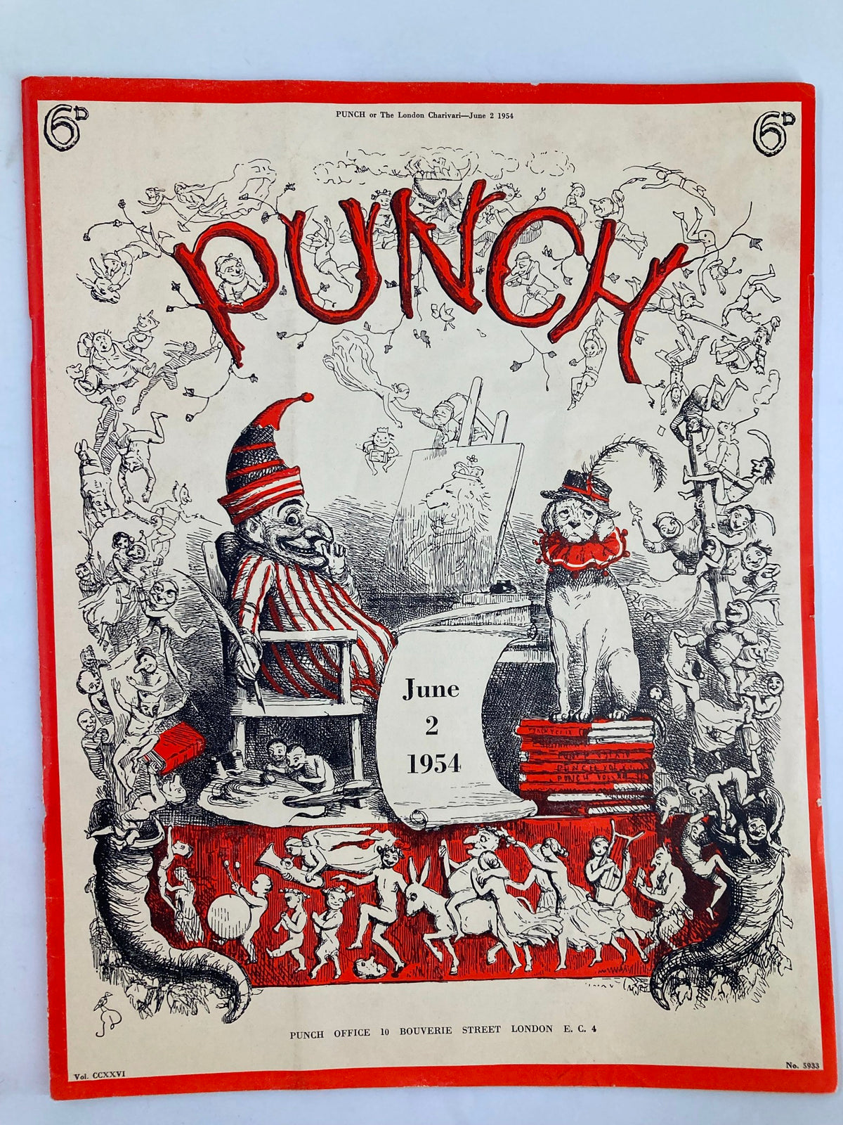 Cover of VTG Punch Magazine June 2 1954 Vol 226 #5933, featuring whimsical illustrations including a clown, animals, and comedic figures, showcasing unique humor from the post-WWII era.