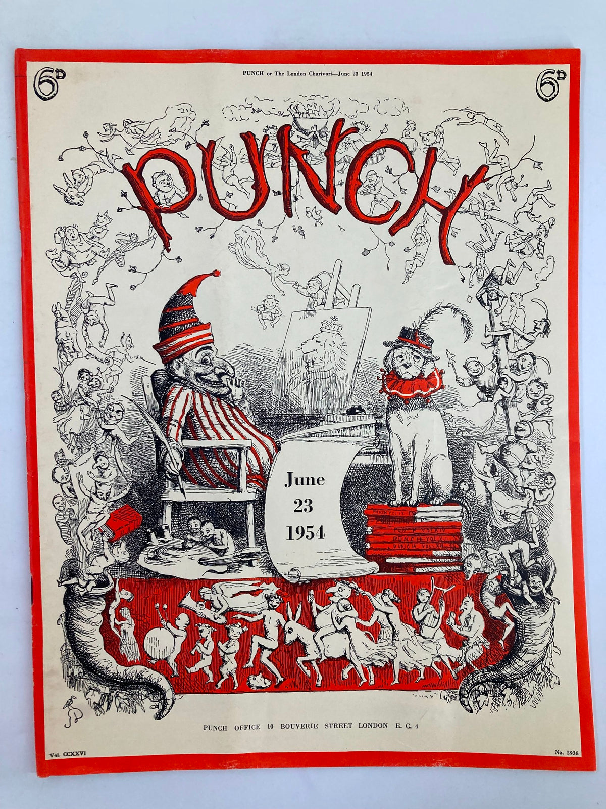 VTG Punch Magazine June 23 1954 cover featuring colorful cartoon illustrations and bold title 'PUNCH' indicating the magazine's vintage charm and historical significance.