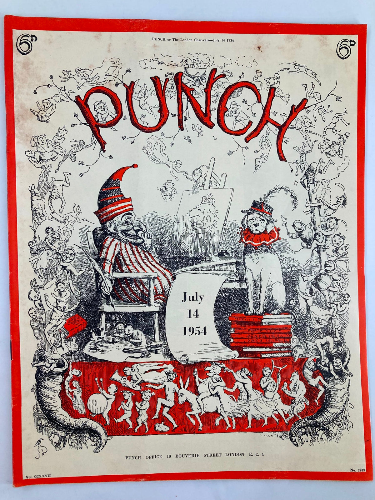 VTG Punch Magazine July 14 1954 cover featuring humorous illustrations and the title PUNCH in bold red letters, depicting a whimsical scene with a clown and various characters.
