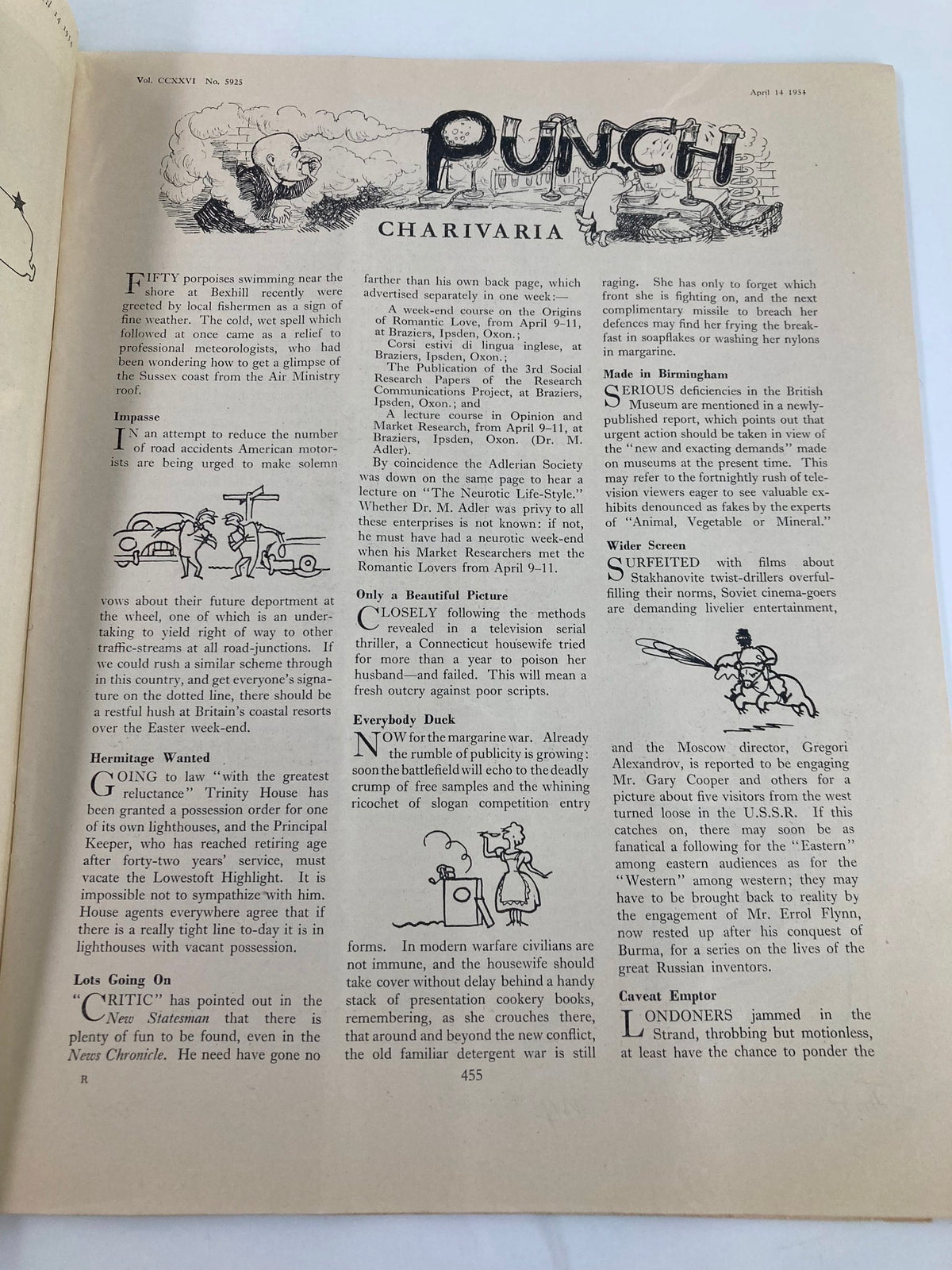 Interior page from VTG Punch Magazine April 14, 1954 Vol 226 #5925 featuring a humorous illustration and engaging content related to WWII cartoons and satire.