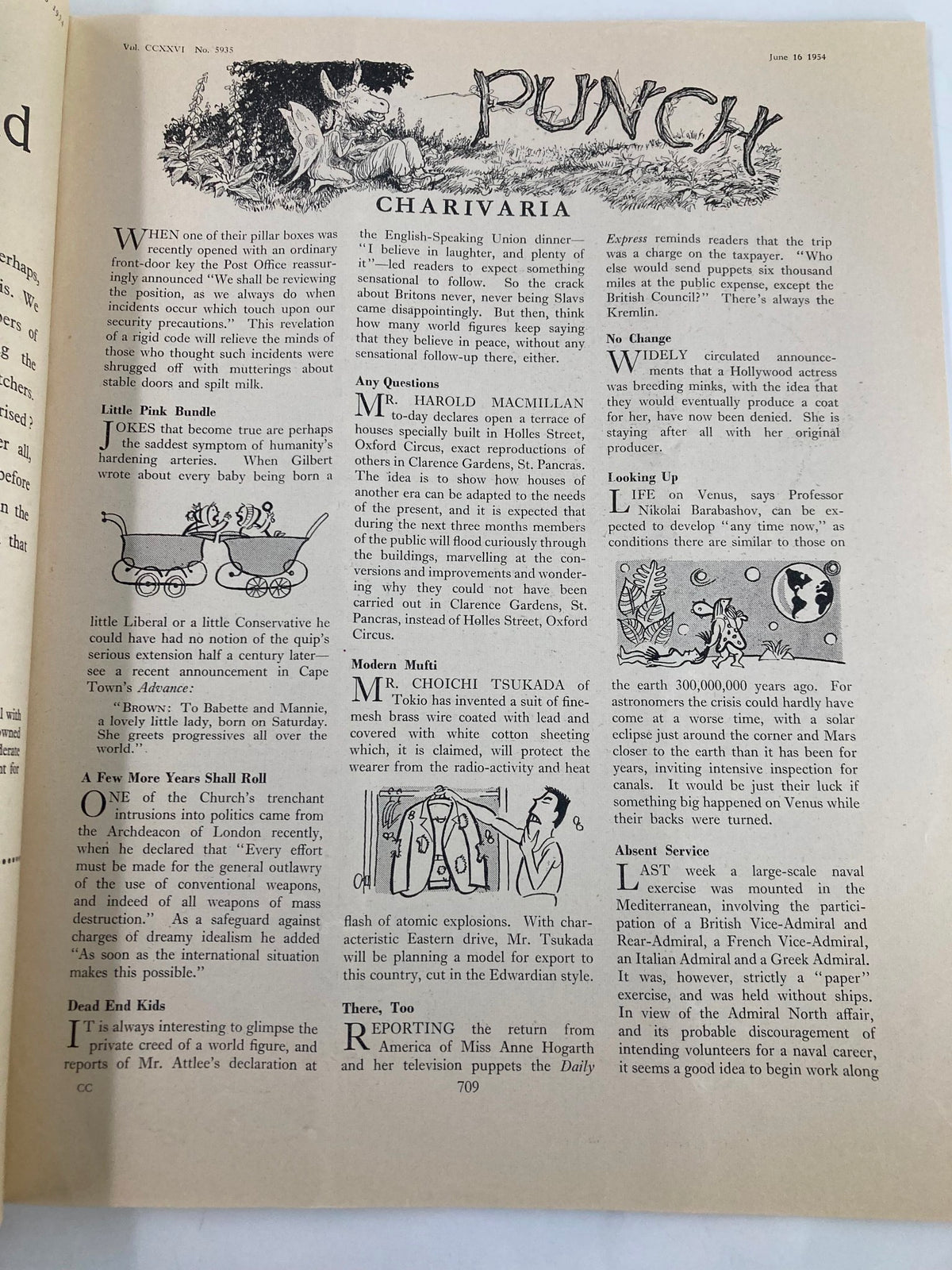 Interior page of VTG Punch Magazine June 16 1954 Vol 226 #5935 displaying articles and cartoons, showcasing the magazine's satire and humor of the time.