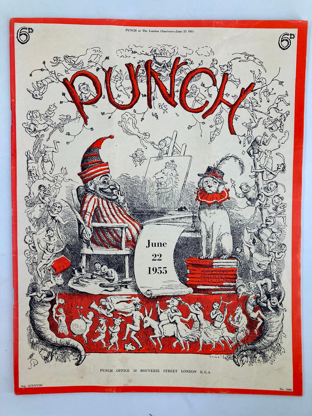 Cover of VTG Punch Magazine from June 22, 1955, featuring a whimsical illustration with a clown, various cartoon characters, and the title 'PUNCH' prominently displayed.