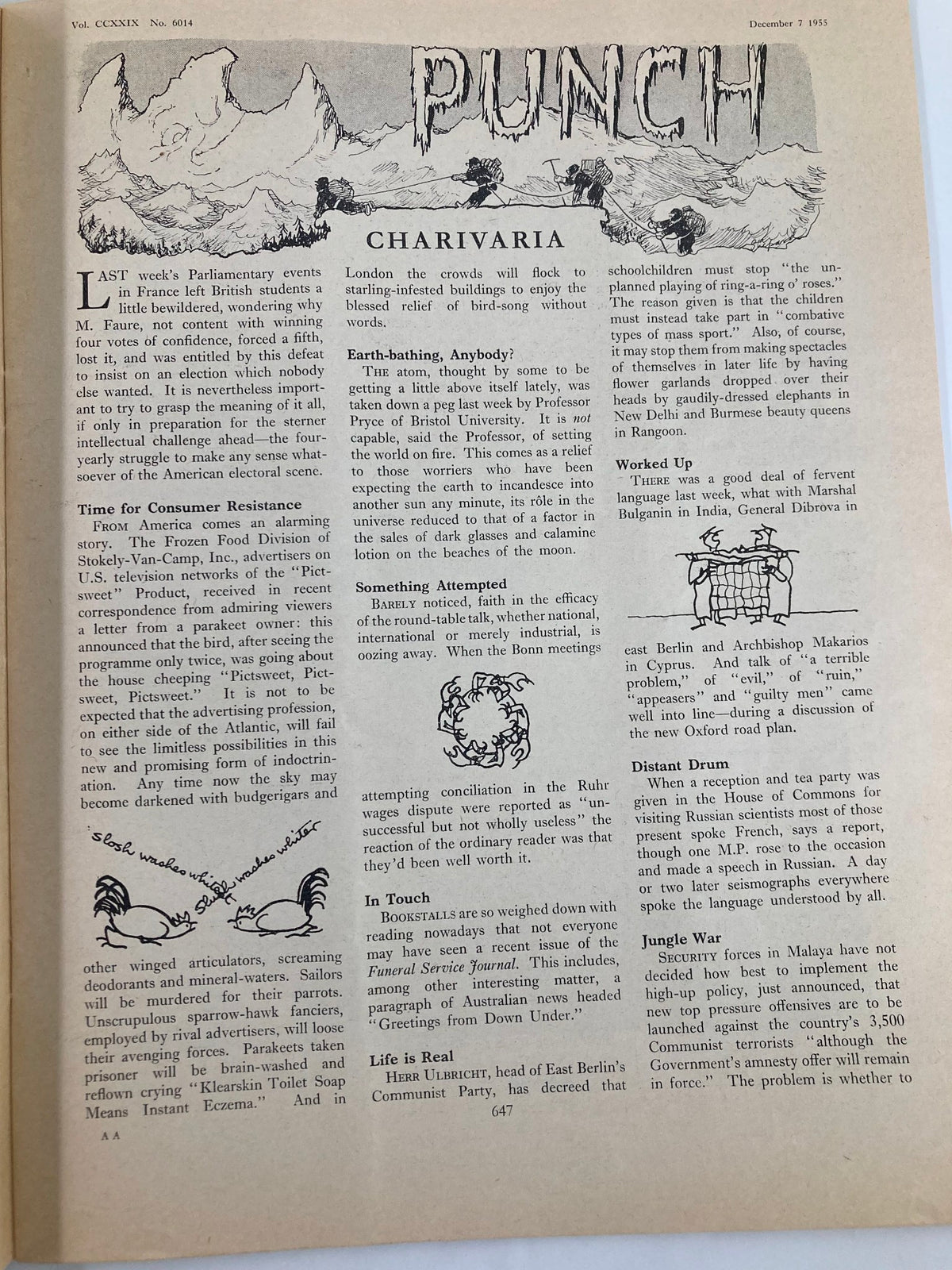 Vintage Punch Magazine December 7, 1955, Vol 229 #6014 featuring an illustration titled "CHARIVARIA" with humorous commentary on political events and societal issues from the post-war era.