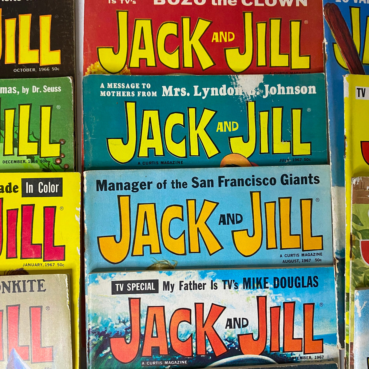 An assortment of Jack and Jill magazines covering various editions from 1966 to 1967, characterized by vibrant designs and nostalgic themes.