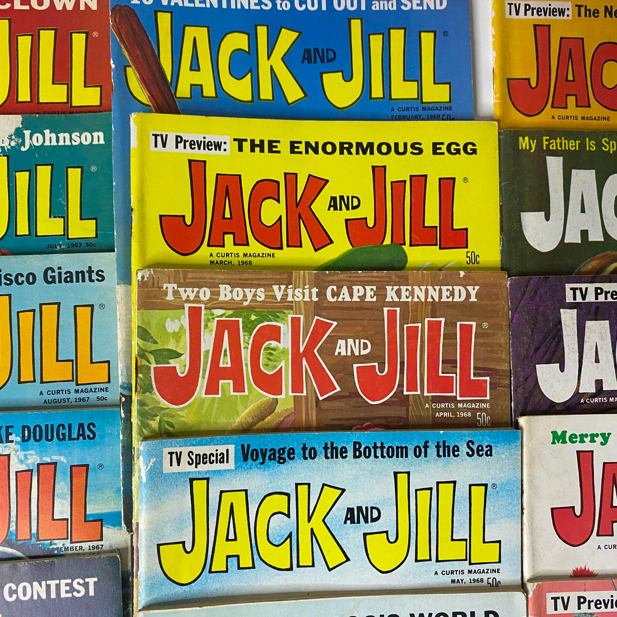 A selection of Jack and Jill magazines from 1967 to 1968, showcasing colorful covers with engaging narratives for young readers.