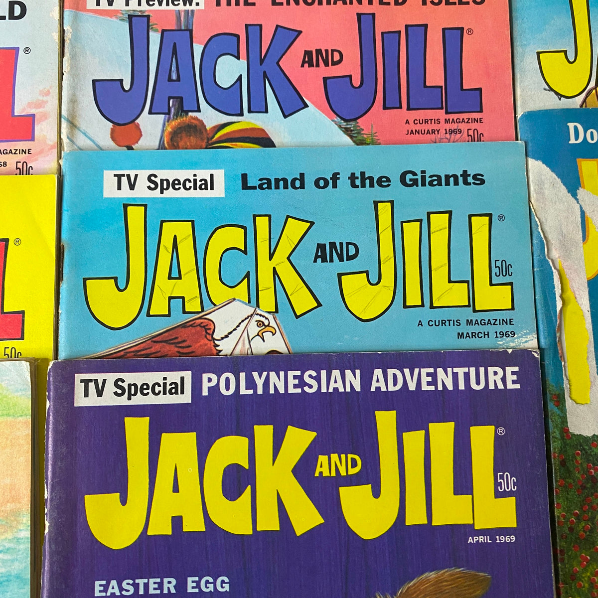 Lot of 33 Jack and Jill Story Magazine 1966 - 1969 showcasing the covers from January 1969, March 1969, and April 1969 editions.