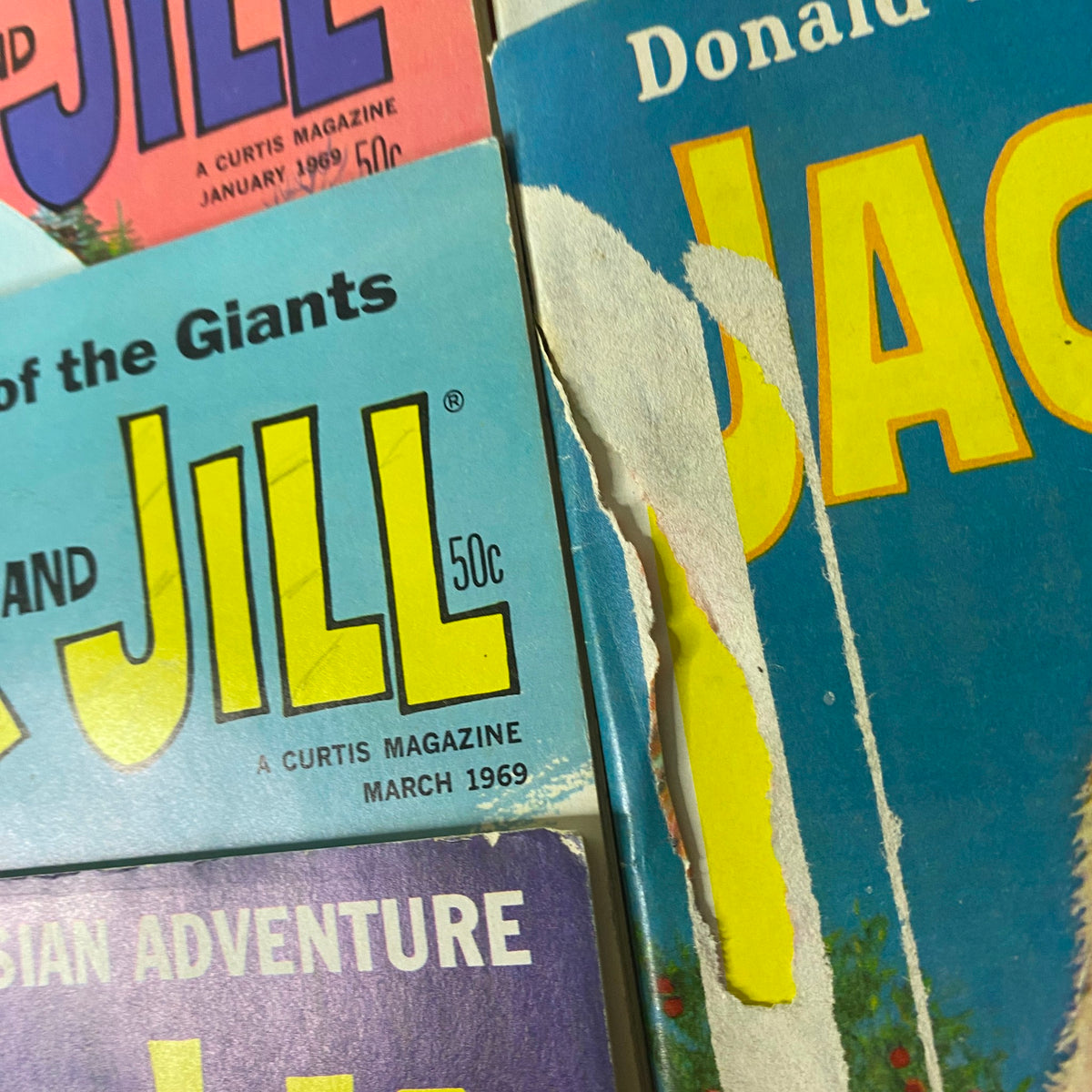 Lot of 33 Jack and Jill Story Magazine cover, featuring issues from March 1969 with titles that include 'Jack and Jill', showcasing vibrant colors and vintage design.