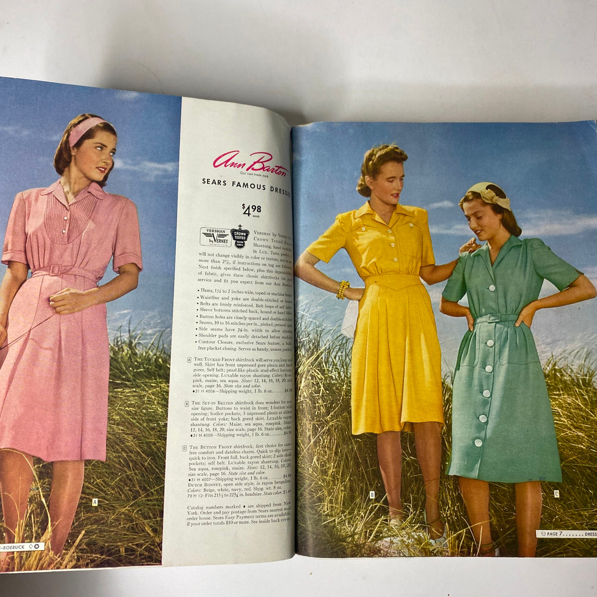 Interior page of the 1944 Sears, Roebuck and Co. Spring and Summer Catalog showcasing three women in colorful dresses, with pricing information.
