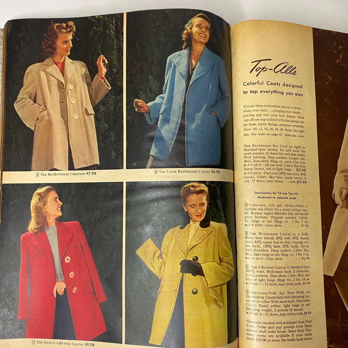 Interior page of the 1944 Sears, Roebuck and Co. Spring and Summer Catalog featuring women’s coats in various colors, emphasizing wartime fashion.