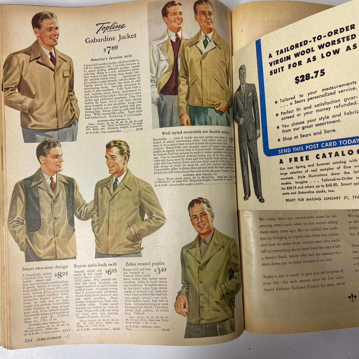 Interior page of the 1944 Sears, Roebuck and Co. Spring and Summer Catalog illustrating men's gabardine jackets with detailed descriptions and prices.