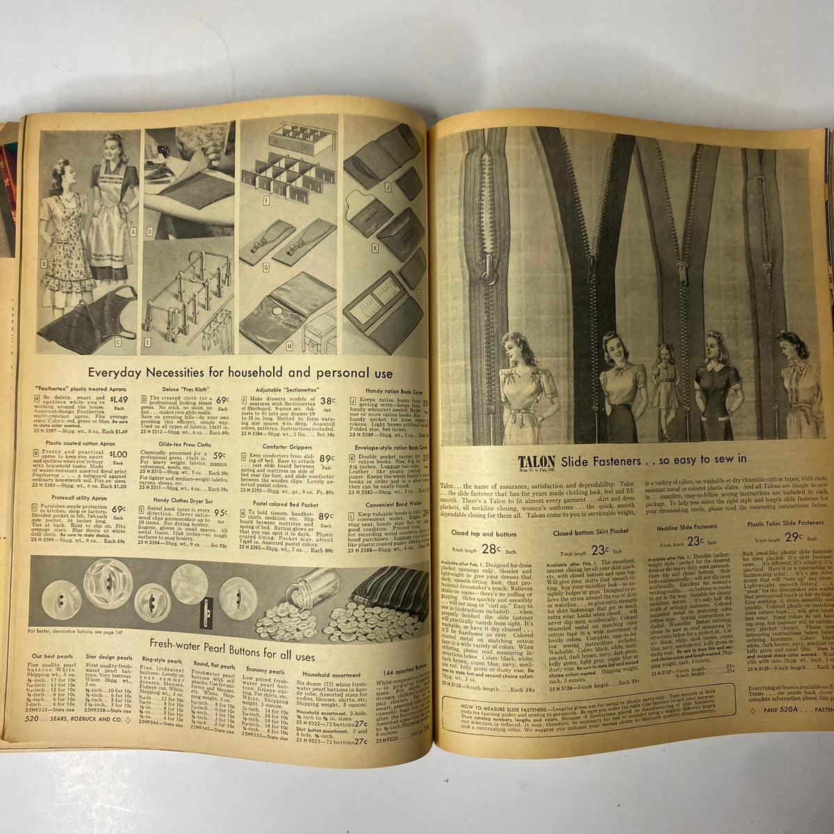 1944 Sears, Roebuck and Co. Spring and Summer Catalog featuring everyday household necessities and sewing supplies, illustrating mid-1940s consumer goods.