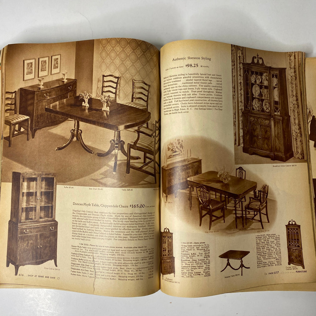 1944 Sears, Roebuck and Co. Spring and Summer Catalog image of elegant dining furniture, including tables and chairs, representing classic American design.
