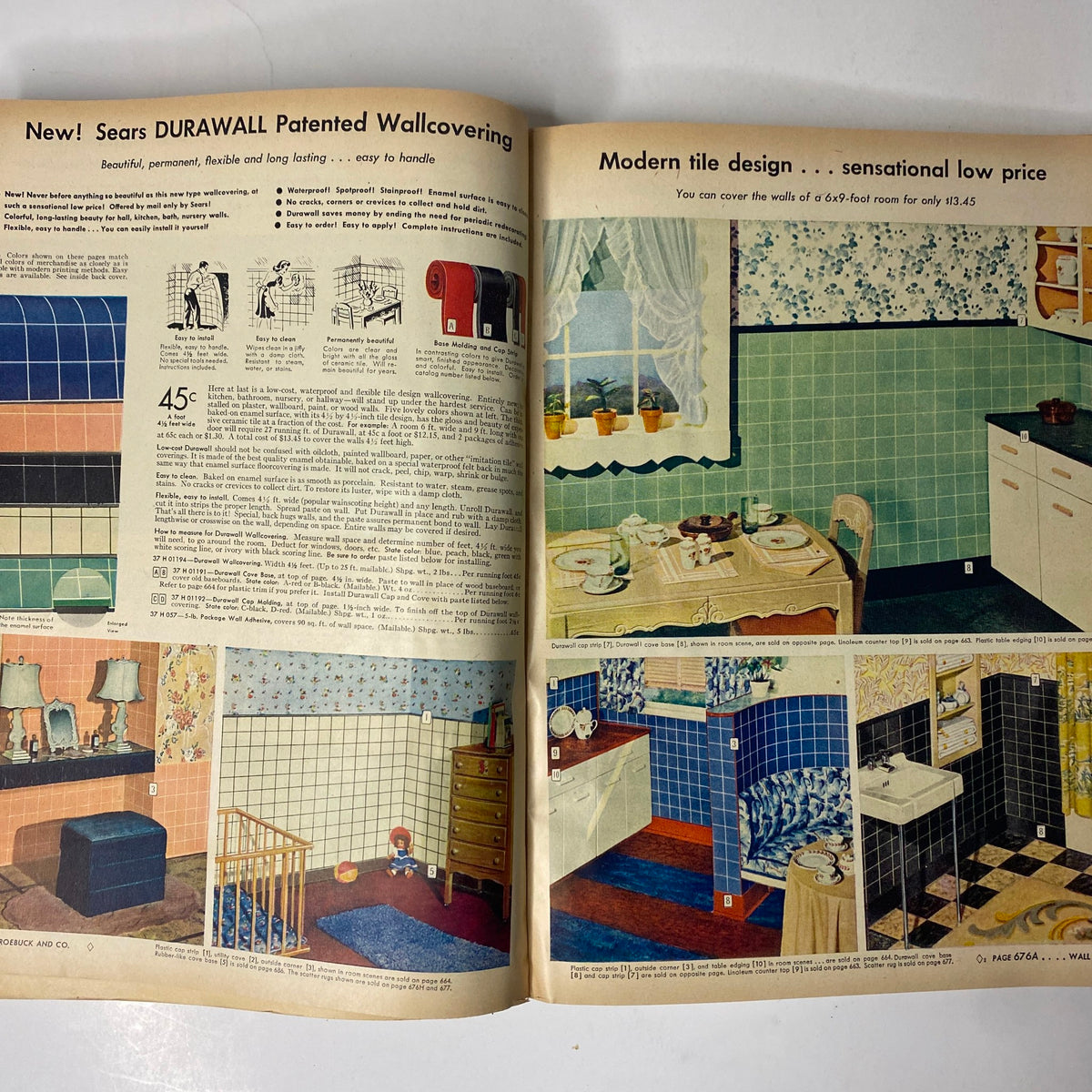 1944 Sears, Roebuck and Co. Spring and Summer Catalog showcasing SEARS DURAWALL Patented Wallcovering with colorful tile designs for kitchens and living areas, highlighting wartime home decor.