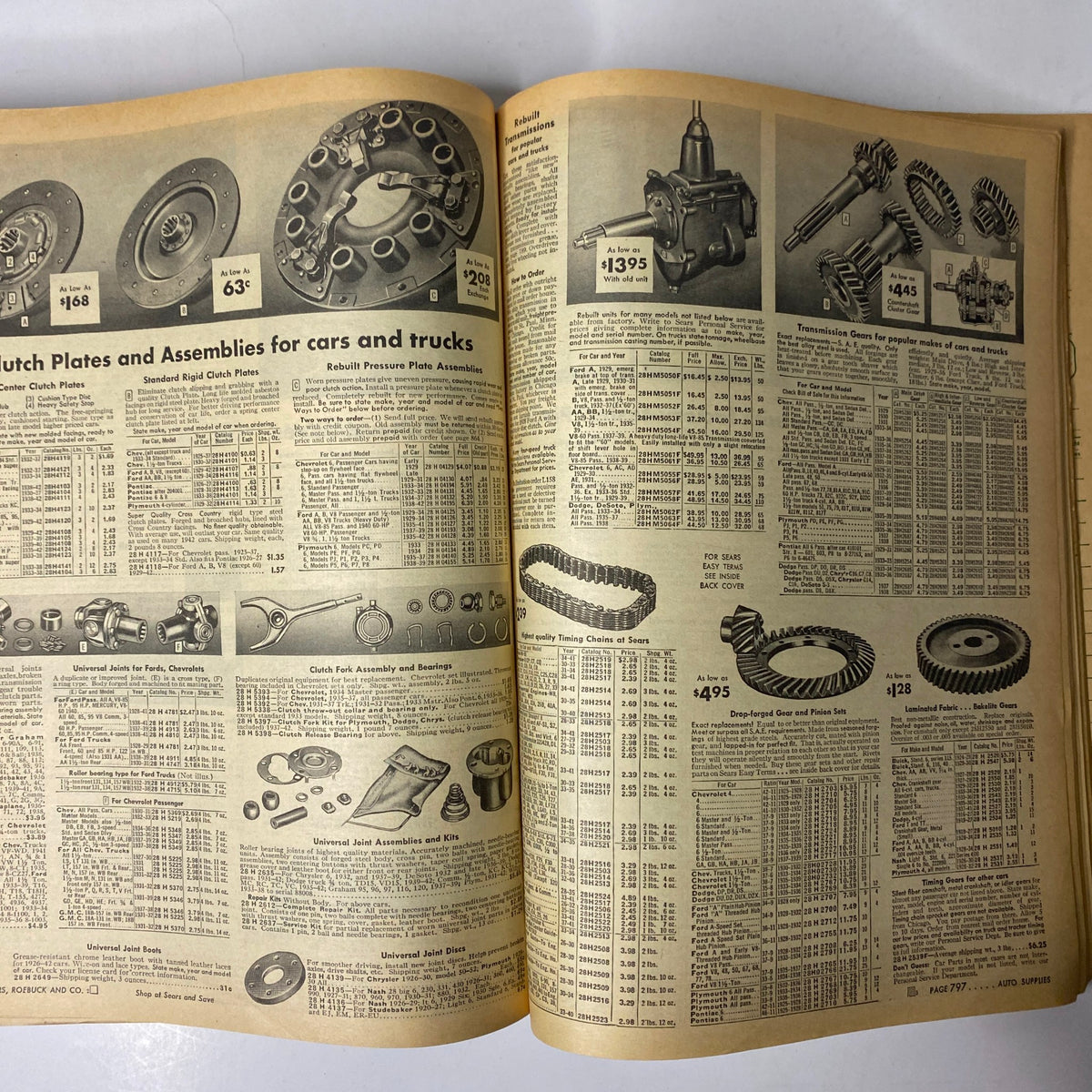 1944 Sears, Roebuck and Co. Spring and Summer Catalog displaying automotive parts and equipment, including clutch plates and transmission gears, showcasing the range of products offered during the era.