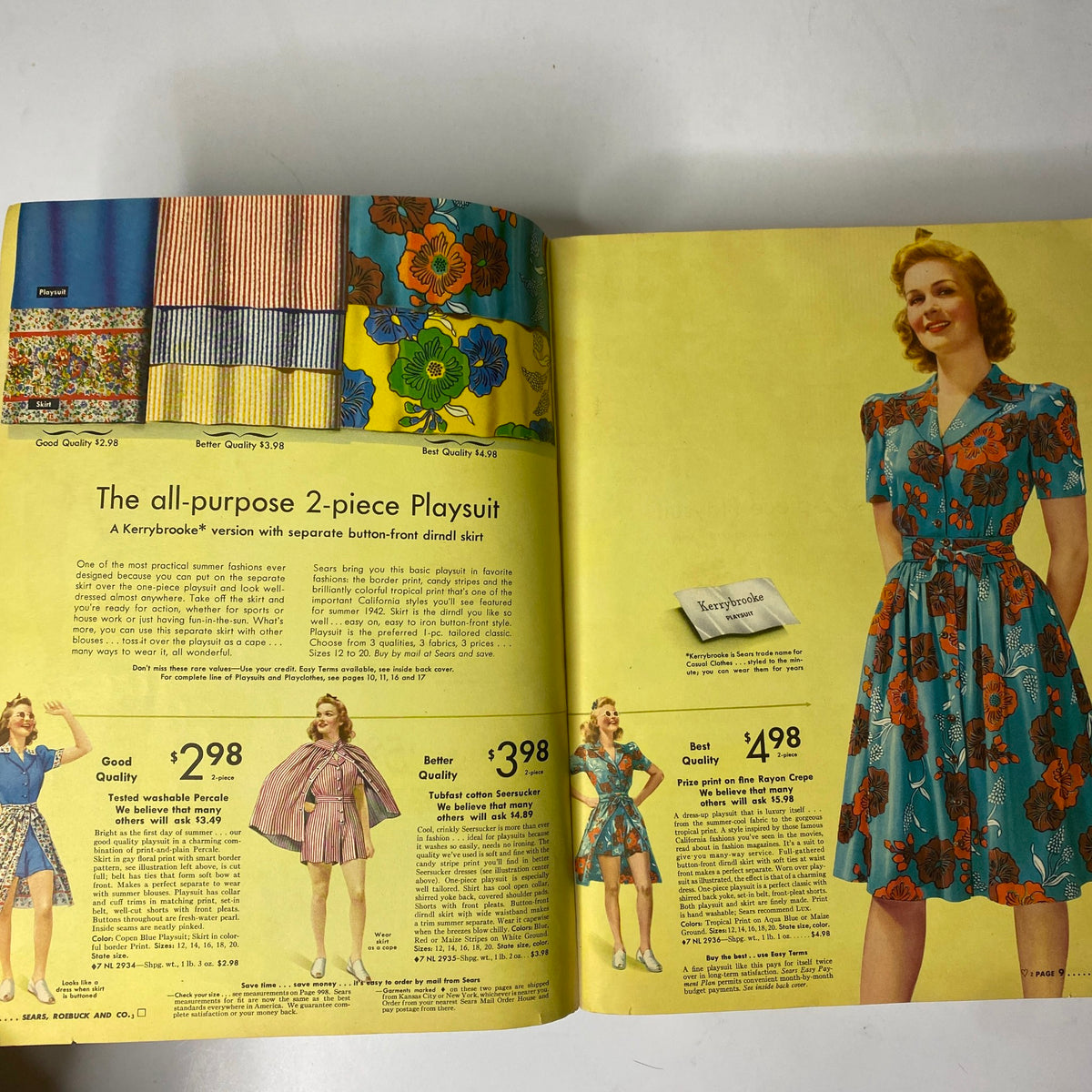 1942 Sears, Roebuck and Co. Spring and Summer Catalog featuring vibrant floral playsuits and pricing details. A showcase of wartime fashion trends.