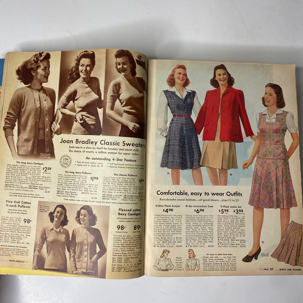 1942 Sears, Roebuck and Co. Spring and Summer Catalog showcasing Joan Bradley Classic Sweaters alongside stylish outfits. Highlights of women's fashion during World War II.