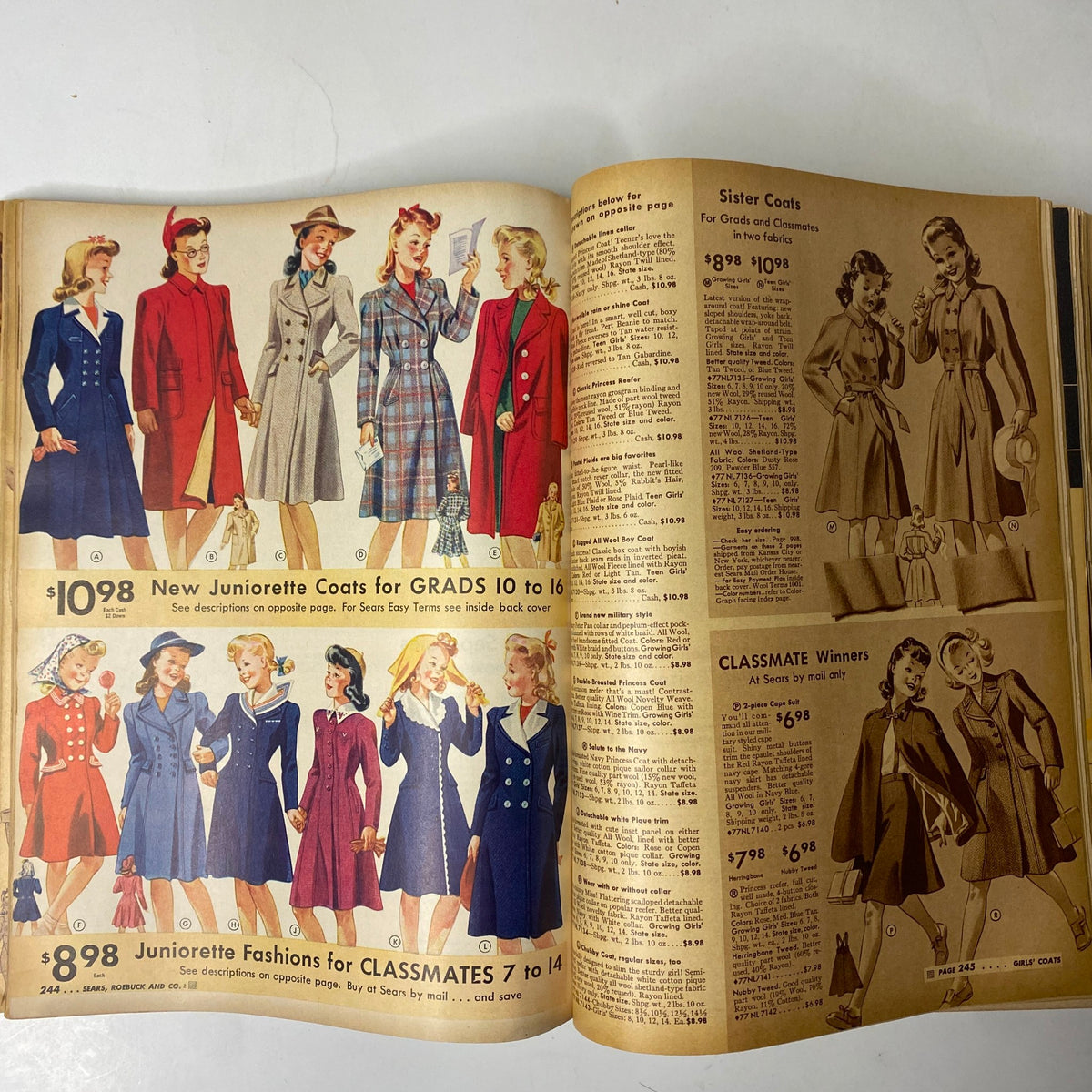 1942 Sears, Roebuck and Co. Spring and Summer Catalog featuring juniorette coats for girls and featured classmates, highlighting fashion styles for young women during World War II.