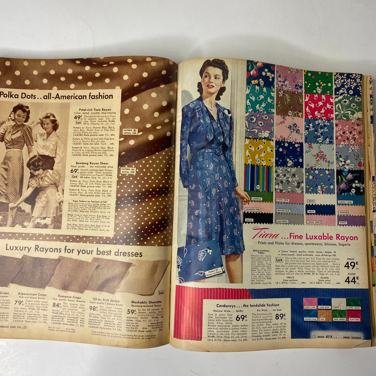 1942 Sears, Roebuck and Co. Spring and Summer Catalog page showcasing polka dot fabrics and women's fashion options. Features various luxury rayons for dresses with detailed pricing.