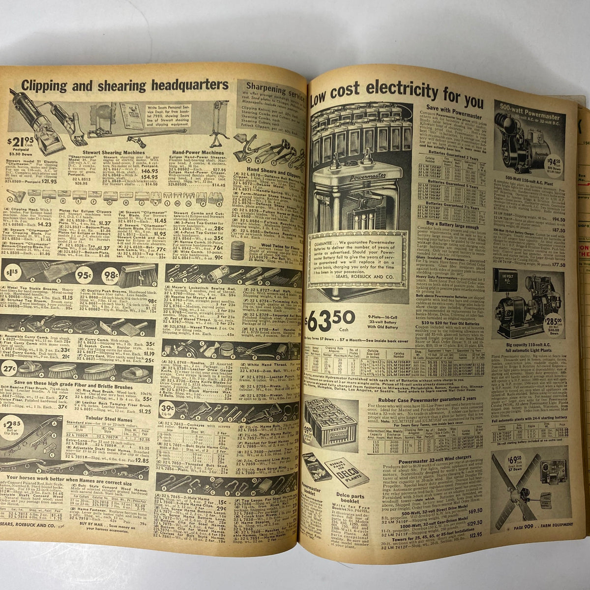 1942 Sears, Roebuck and Co. Spring and Summer Catalog page illustrating tools and electrical equipment for home use. Contains prices and descriptions of shearing machines and power supplies.