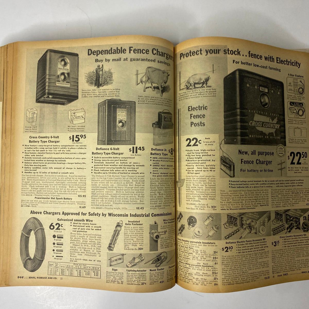 1942 Sears, Roebuck and Co. Spring and Summer Catalog page detailing electric fence chargers and posts. Illustrates products for effective farm fencing with descriptions and pricing information.