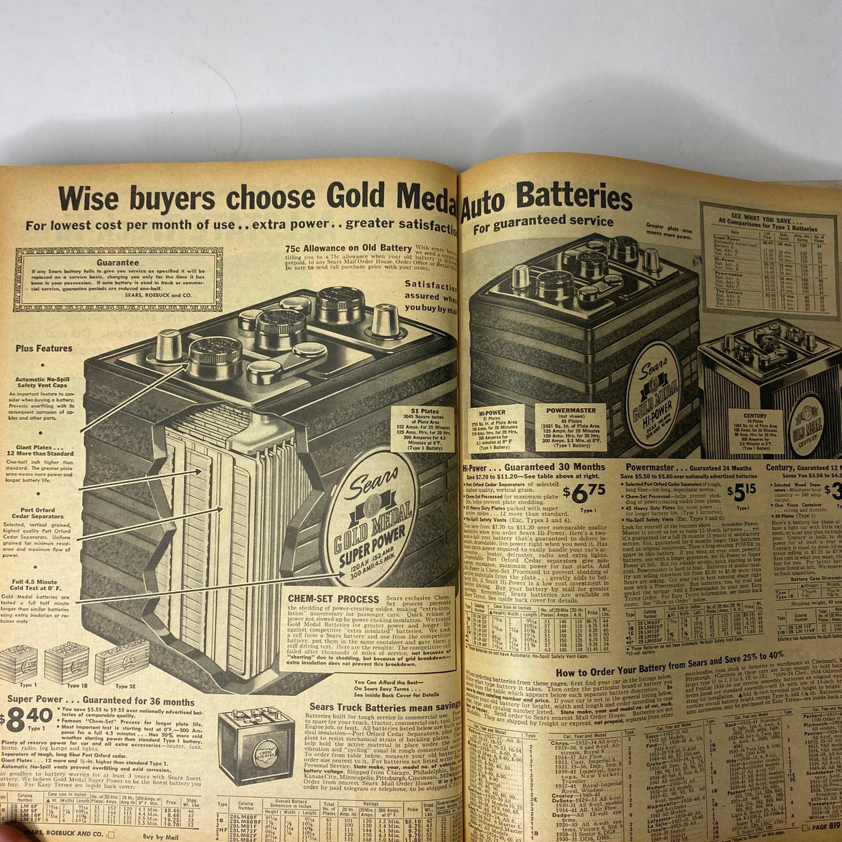 1942 Sears, Roebuck and Co. Spring and Summer Catalog showing detailed illustration and features of Gold Medal Auto Batteries, highlighting practical consumer choices during World War II.