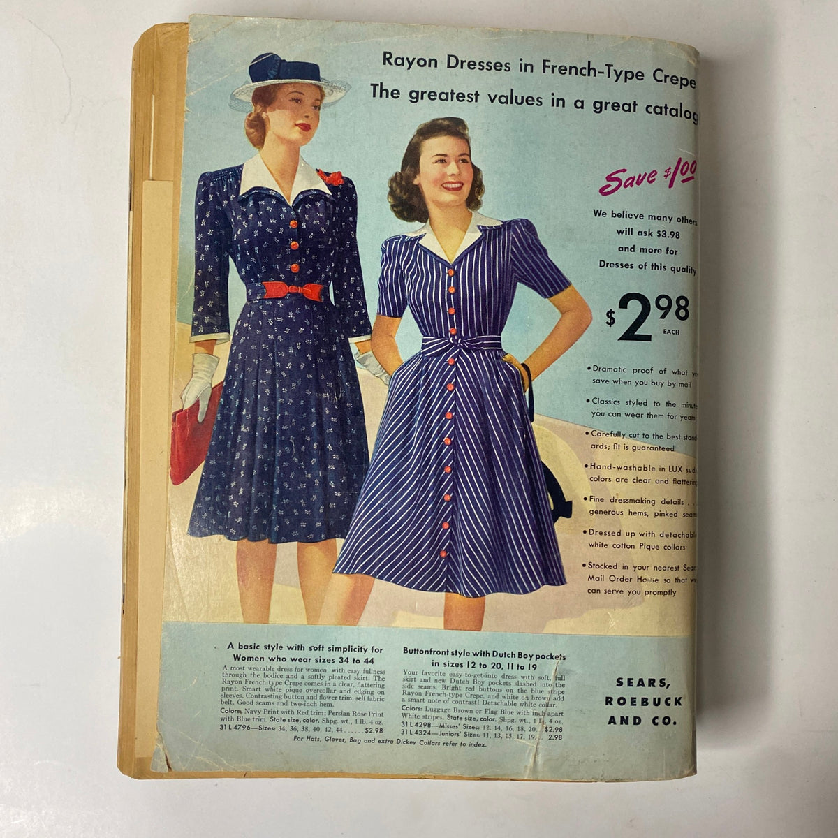 1942 Sears, Roebuck and Co. Spring and Summer Catalog cover displaying fashionable rayon dresses in French-type crepe, reflecting 1940s American clothing styles.