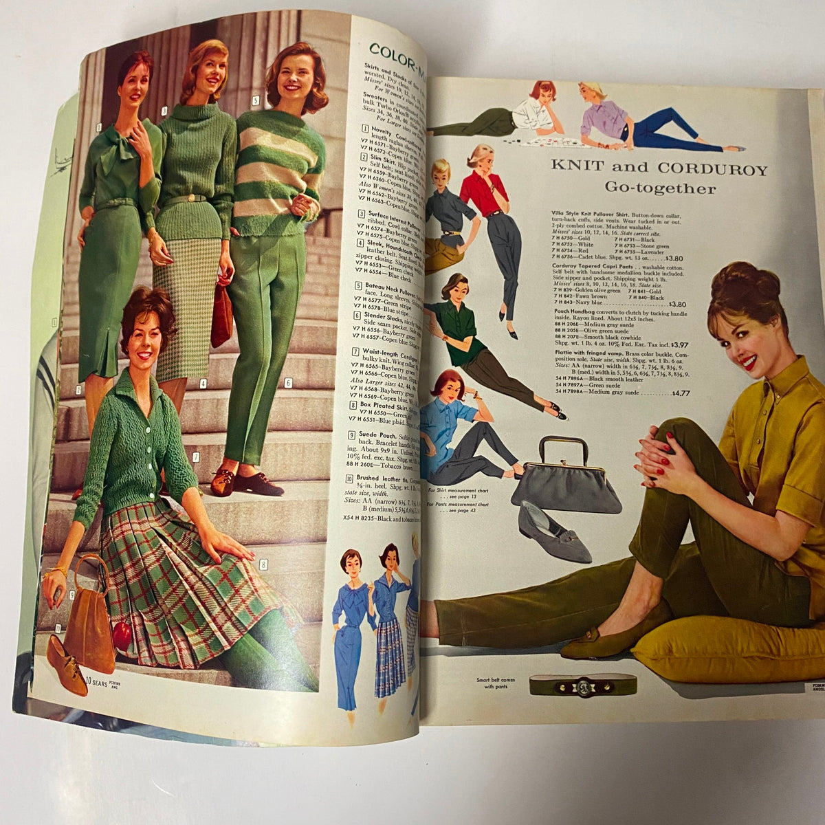 Fashion and accessory showcase in the 1960 Sears Fall and Winter Catalog, featuring green knitwear and assorted clothing combinations.