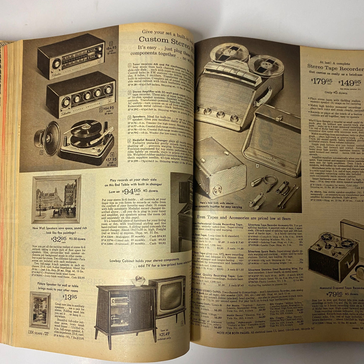 Page from the 1960 Sears Fall and Winter Catalog illustrating home electronics including custom stereo systems, radios, and tape recorders with accompanying price listings.