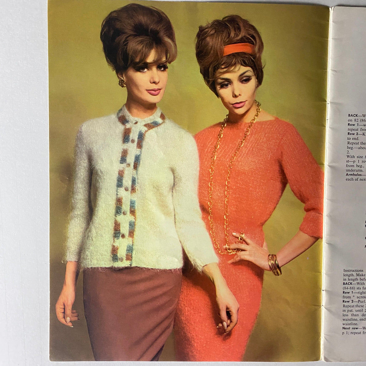 1967 Vol. 68 Mohair Hand Knits - Page from Bear Brand and Fleisher Yarns catalog displaying two women in vintage mohair knitwear on a colorful background.