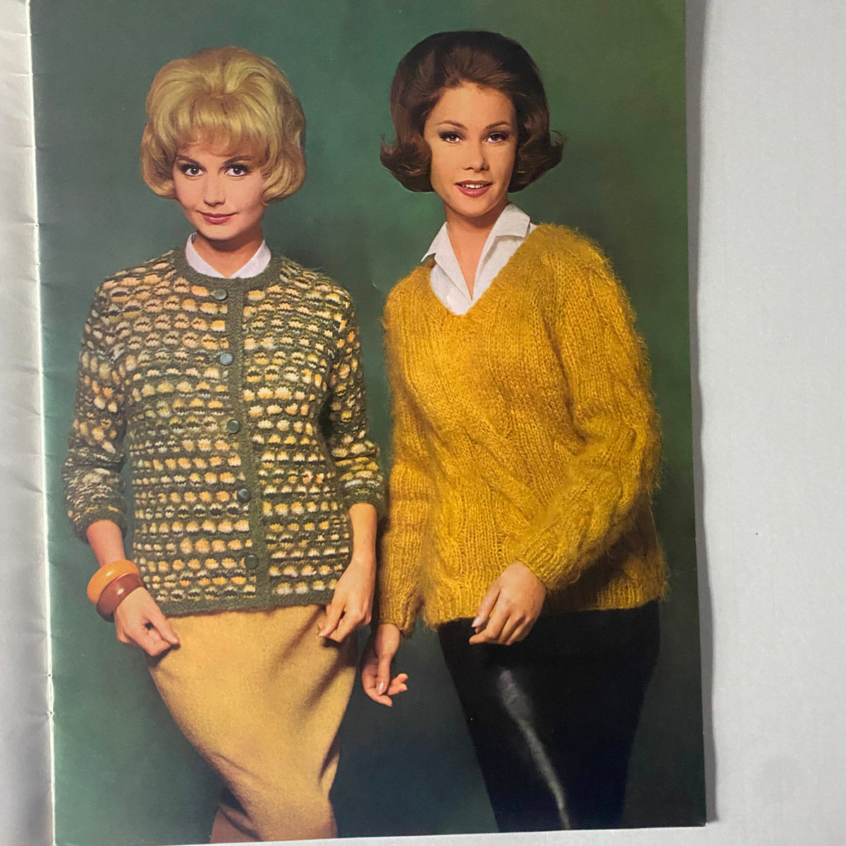 1967 Vol. 68 Mohair Hand Knits - Image from Bear Brand and Fleisher Yarns catalog featuring two models in stylish yellow and green mohair sweaters.