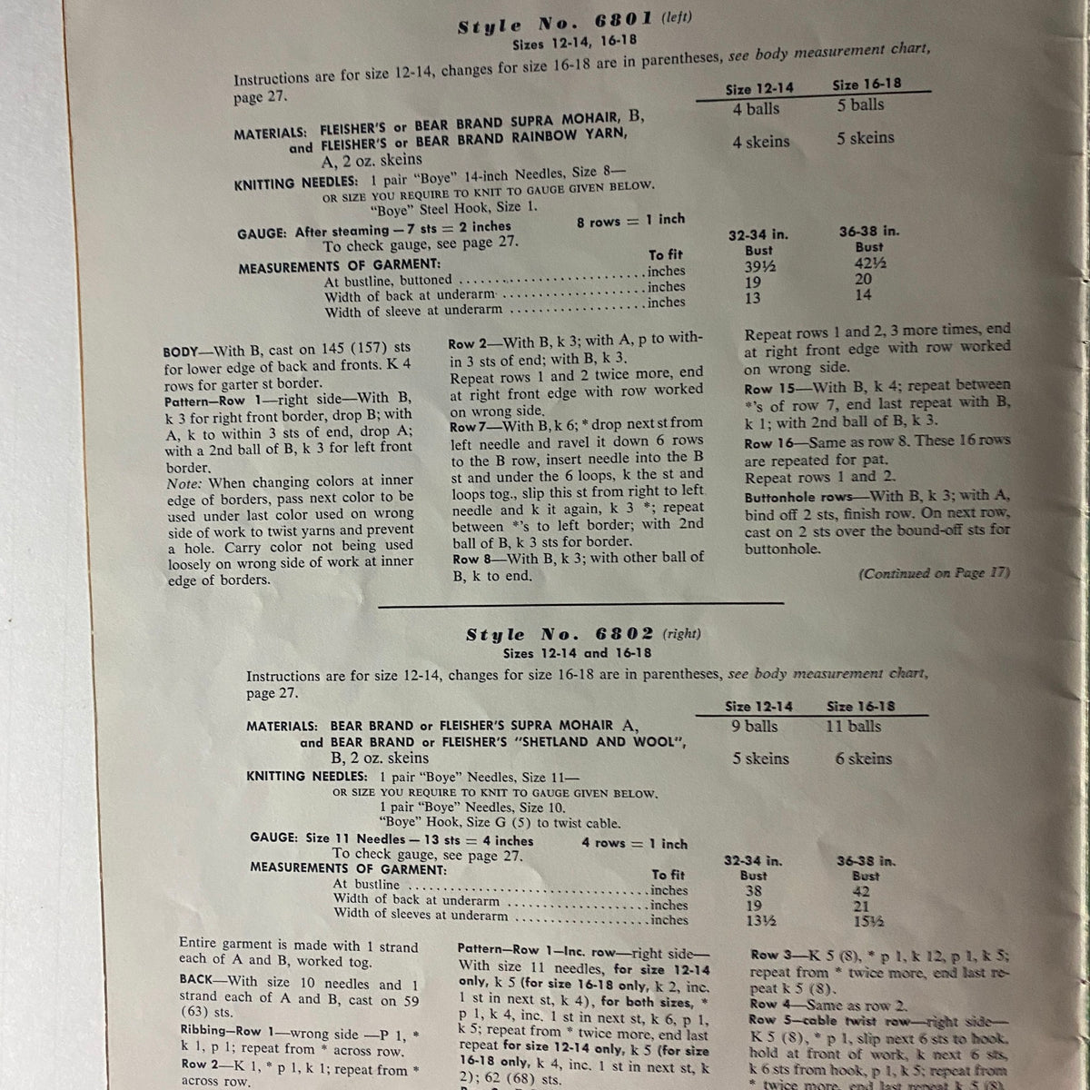 1967 Vol. 68 Mohair Hand Knits - Page showing knitting patterns and instructions from Bear Brand and Fleisher Yarns catalog.