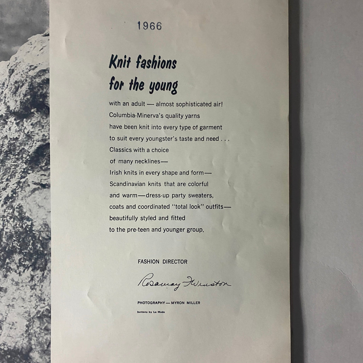 An interior page from the 1966 Knits for Kids and for the Young by Columbia Minerva. Text describes knit fashions for children, focusing on quality yarns and styles for pre-teens.