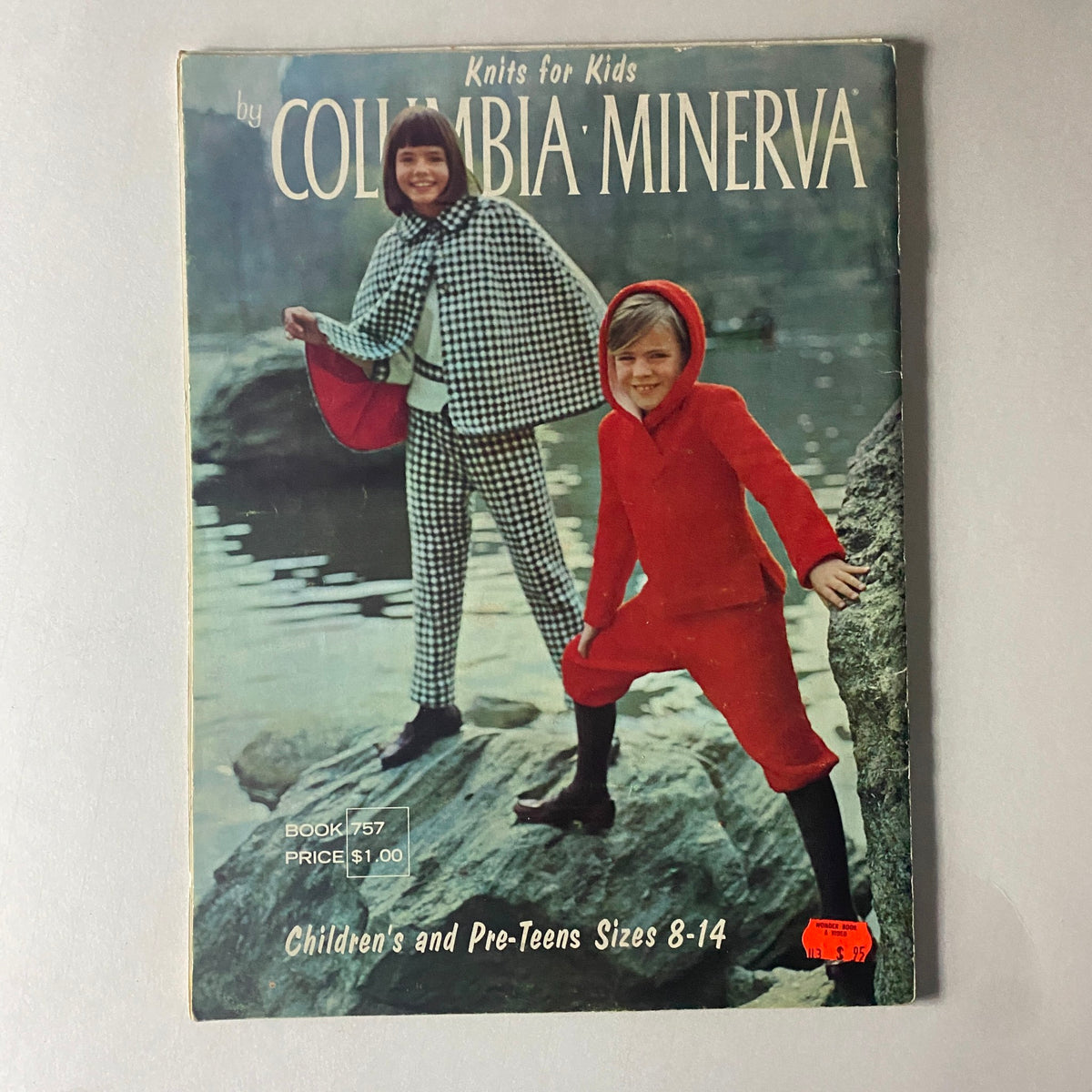 Alternate view of the cover of the 1966 Knits for Kids and for the Young by Columbia Minerva, showcasing two children in stylish knitwear by the water.