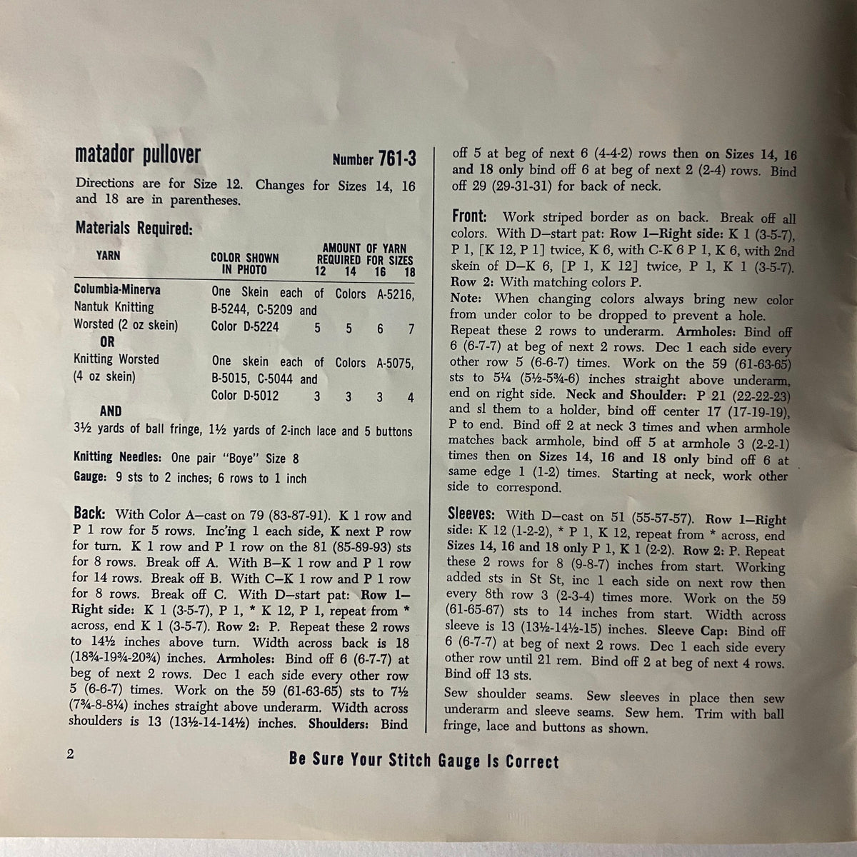 Page from the 1966 Columbia Minerva Bravo Mexico Knits Pattern Book detailing the instructions and materials for the Matador Pullover knitting pattern.