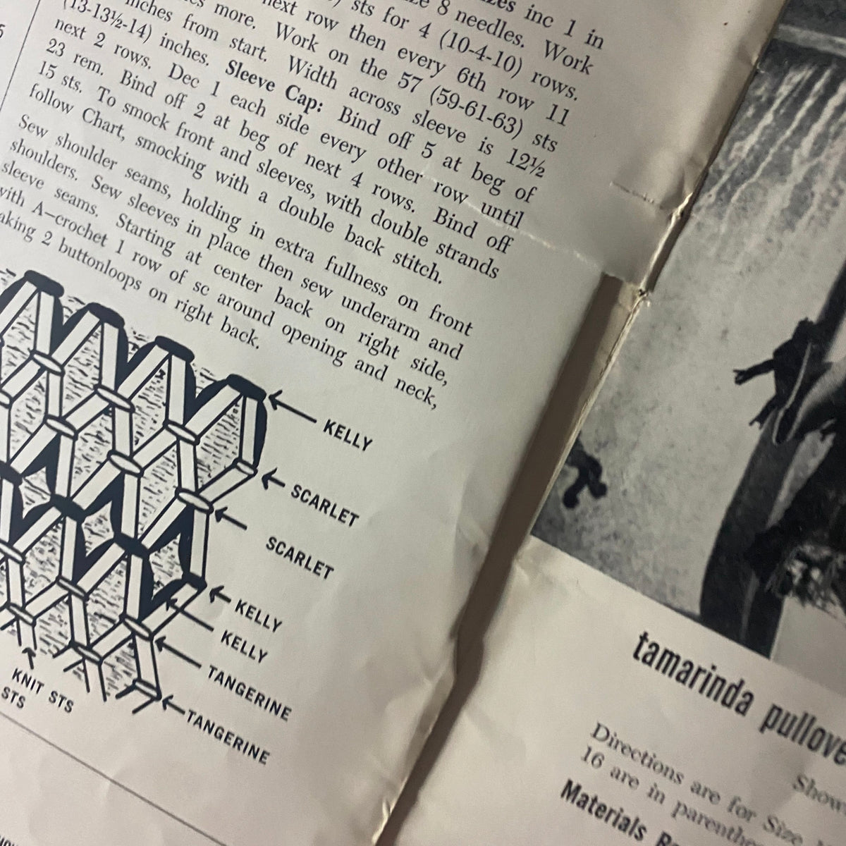 Detailed knitting instructions and pattern chart from the 1966 Columbia Minerva Bravo Mexico Knits Pattern Book, showcasing the design process for knitwear with notes on colors like 'Kelly' and 'Scarlet.'