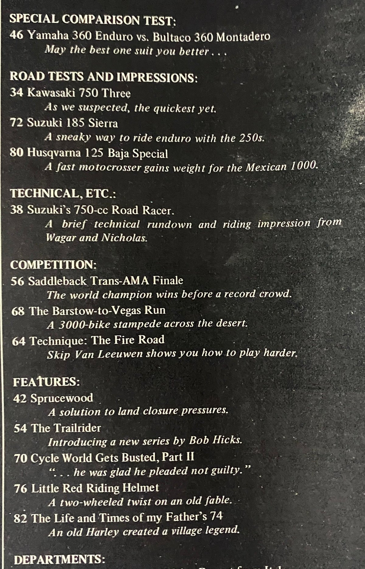 Inside page of Cycle World Magazine March 1972 highlighting the special comparison test of Yamaha 360 Enduro vs. Bultaco 360 Montadero with additional motorcycle reviews and technical insights.